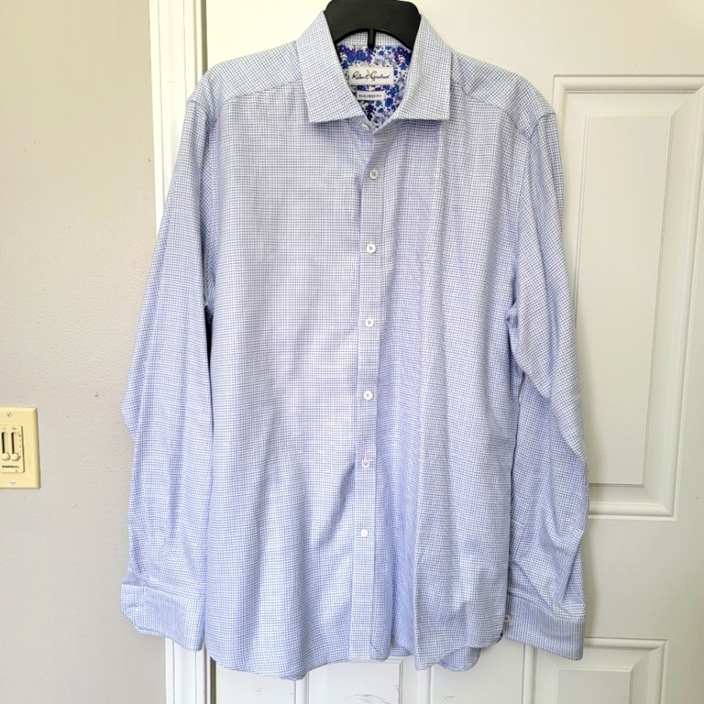 Robert Graham Blue White Checked Button Down Flip Cuff Tailored Fit Size 44 17.5